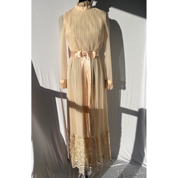 Vtg 60s 70s Accordion‎ Pleated Chiffon Lace Maxi Dress S Pink Gunne Sax Style